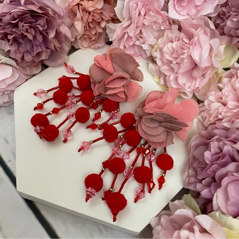 Boho Pink Rose Long Dangling Pom Pom Tassel Earrings - Picture 7 of 16
